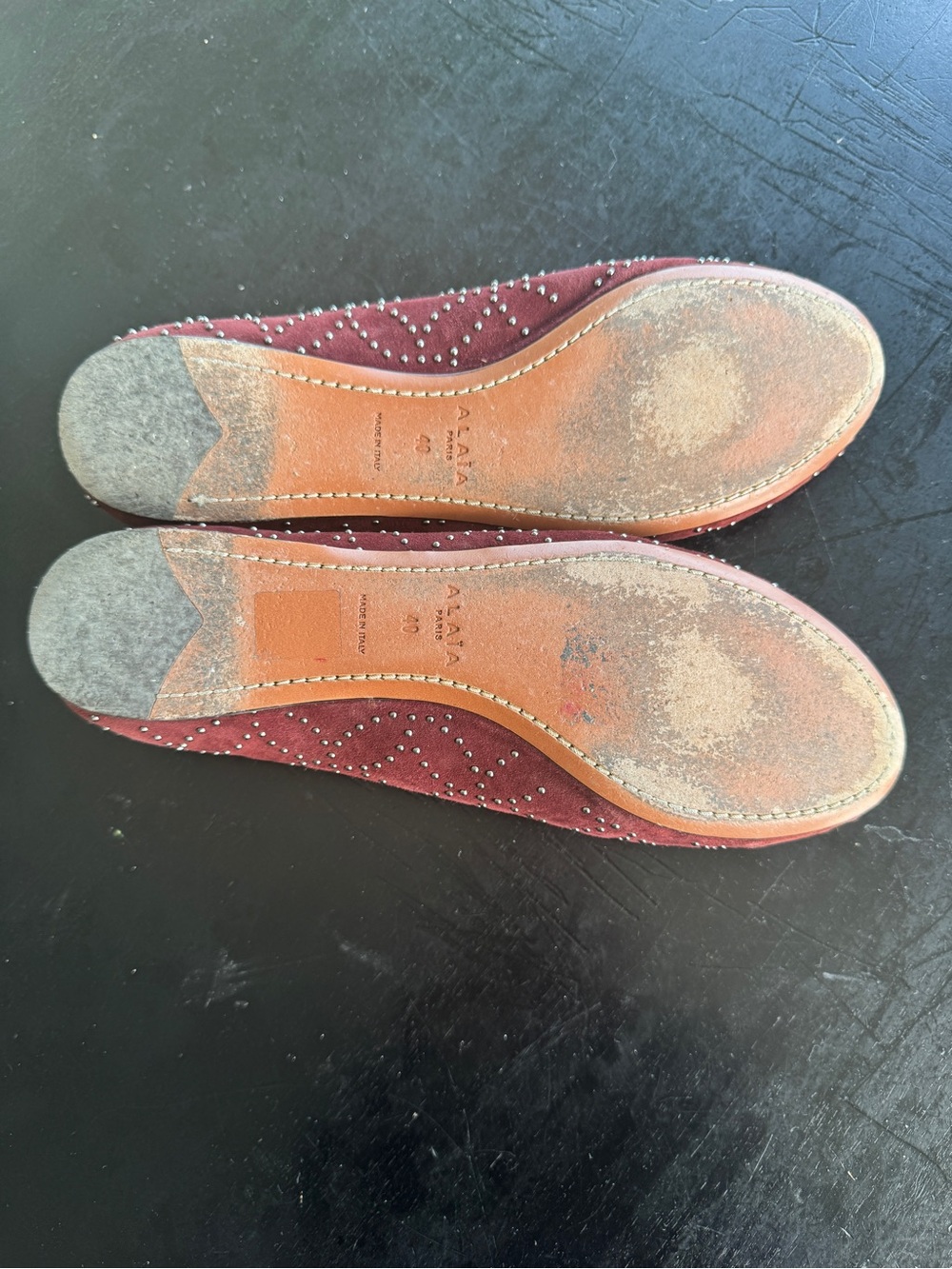 Alaia Burgundy Suede Studded Bow Ballet Flats - Picture 4 of 4